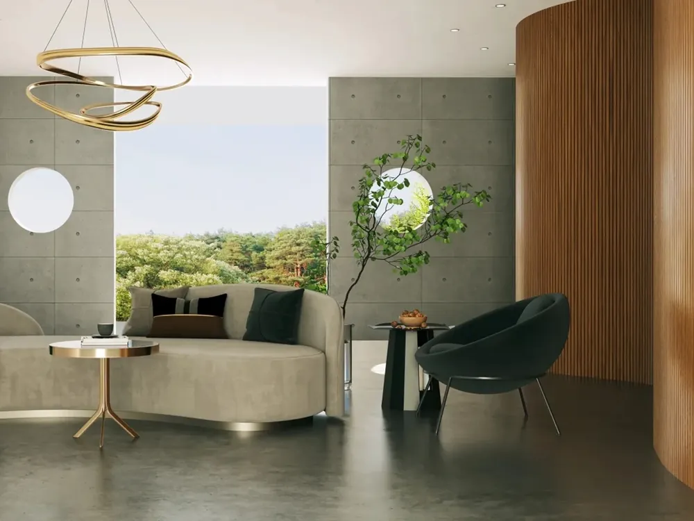 Designerski salon z elastycznymi lamelami na zaokrąglonej zabudowie