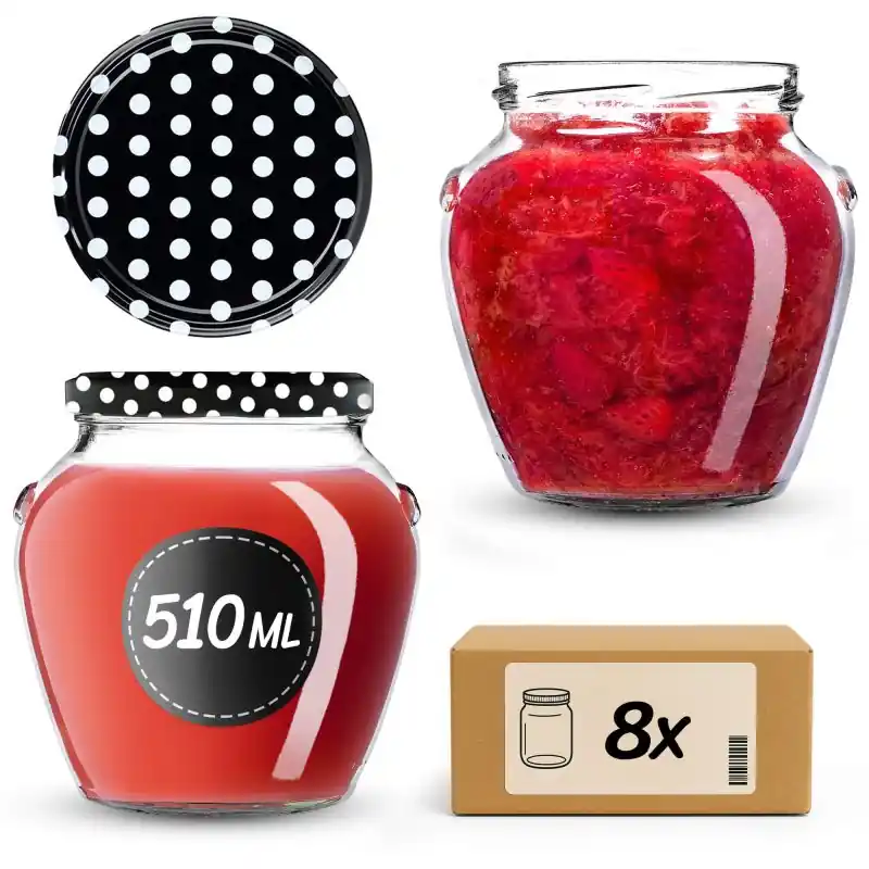 Słoiki na przetwory Sassa 580ml 8szt fi 82 mm + wieczka "Czarny groszek"